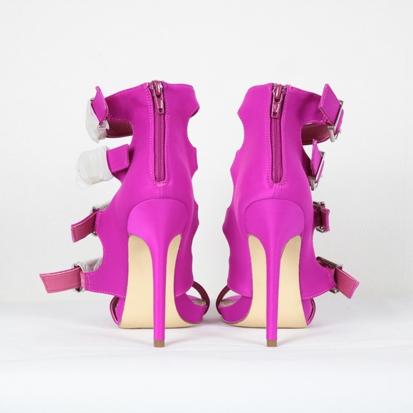 NEW JustFab "Connie" Fuchsia Buckle Up Strappy Stiletto Heels Sandals Size 7.5 - Picture 6 of 11